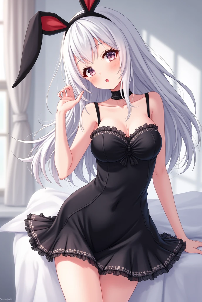 light silver hair,black buttler suit, rabbit ear,pale red eye,silence,two front hair bundles