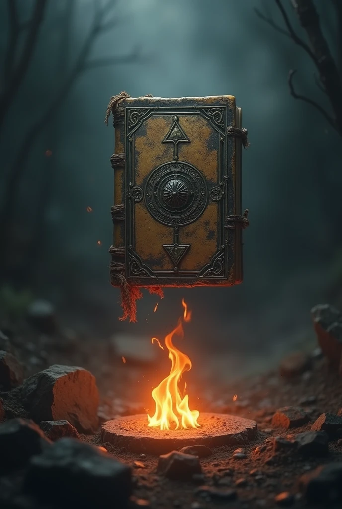 A little wild book with 388 pages hanging in the air with fire underneath it and darkness around it 