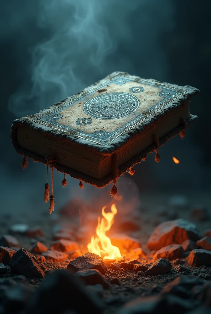 A little wild book with 388 pages hanging in the air with fire underneath it and darkness around it