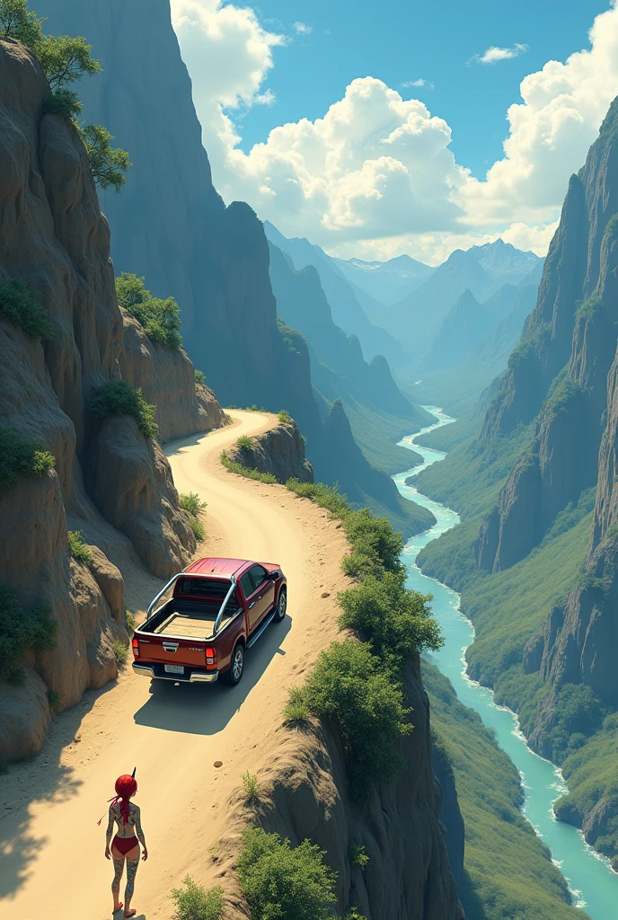 The Ghibli-style image shows an aerial view of a Toyota Hylux pickup truck cruising along a sandy road on top of a mountain., between high mountains and a river passing between them.
on a mountain, There is a crouching demon girl who has tattoos all over her body, a single long braid and red hair and a small horn on one part of her head, It has no wings or tail and can barely be seen from a distance..