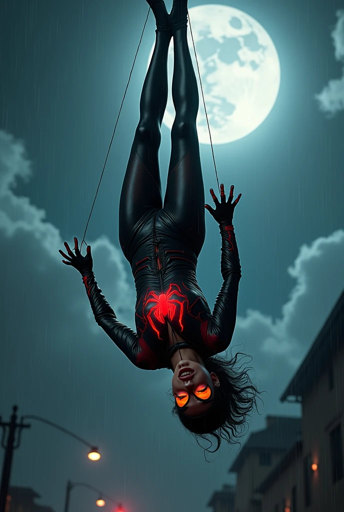 Spider girl,(((hanging upside down)))holding on to the spider web,full body leather costume,neon spider symbol on fantasy,dark day,giant moon in the sky, moon elimination,rainy clouds,super tight clothes,Broad Hips,torn costume,torn mask showing lips,enveloping seductive mouth,best qualityer,8k,Super focus,Beautiful picture,face ilumined,strong bodie, traces of a fight,just fought