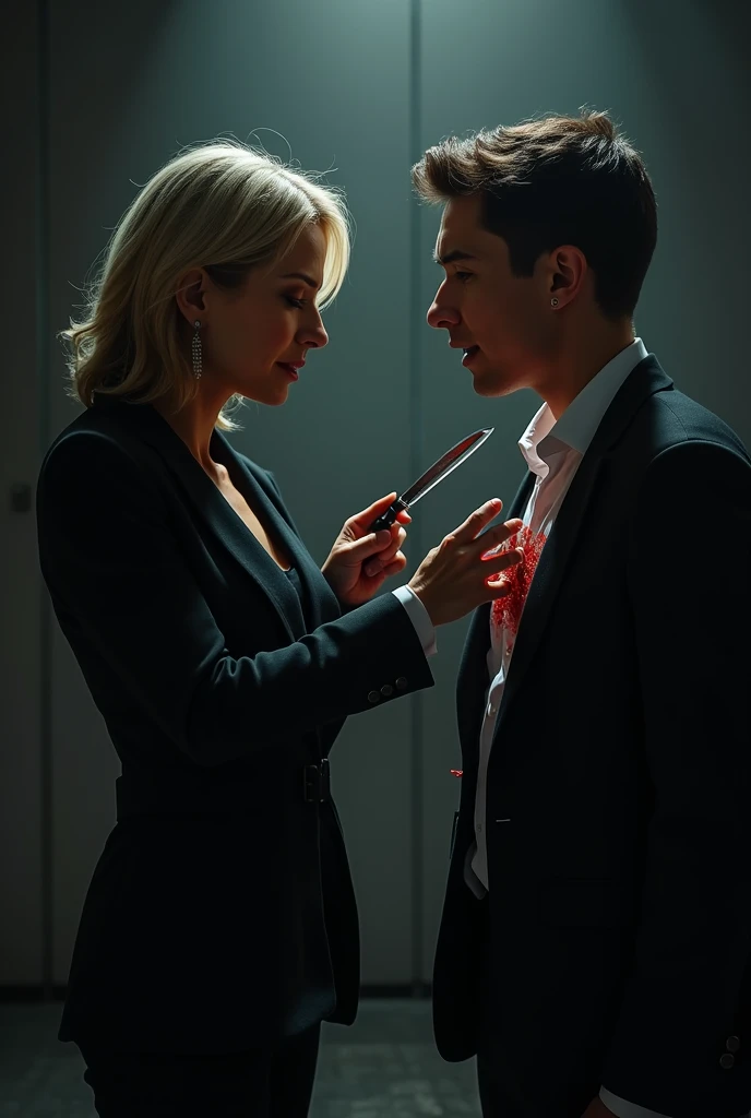 A 52-year-old woman, dressed in black spy-like attire, is holding a knife with a determined and intense expression.
• She stands close to a young man who is dressed in formal clothing.
• The scene will have a dark, suspenseful atmosphere, with shadows and dramatic lighting emphasizing the tension.
• The focus will be on their expressions and body language, suggesting a high-stakes moment.
She put that knife in young men's chest then men's chest was bleeding
At the same time she was crying
And young shocked or feels pain
