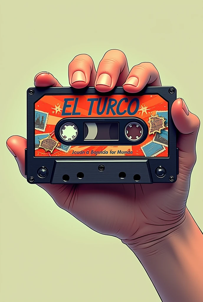 A hand holding a cassette with el turco written in comic book style
