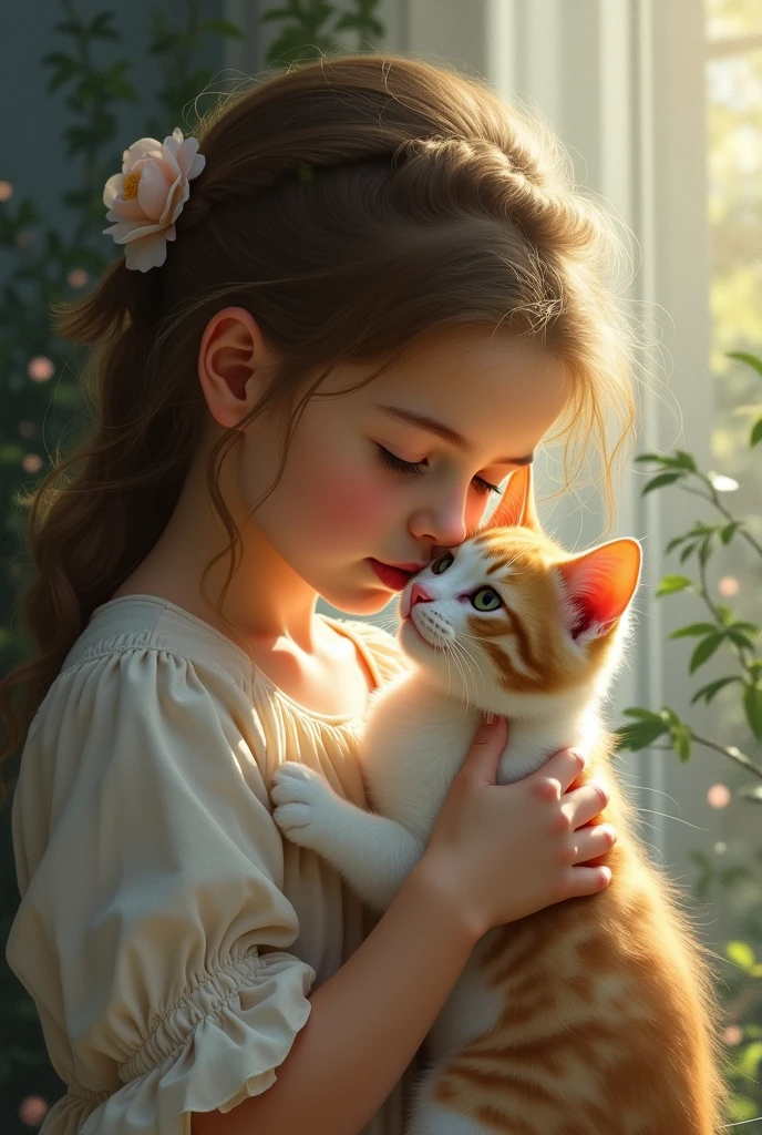 Girl with cat, By Dorina Costella, best quality, masterpiece, very aesthetic, Perfect composition, Intricate details, Extremely detailed