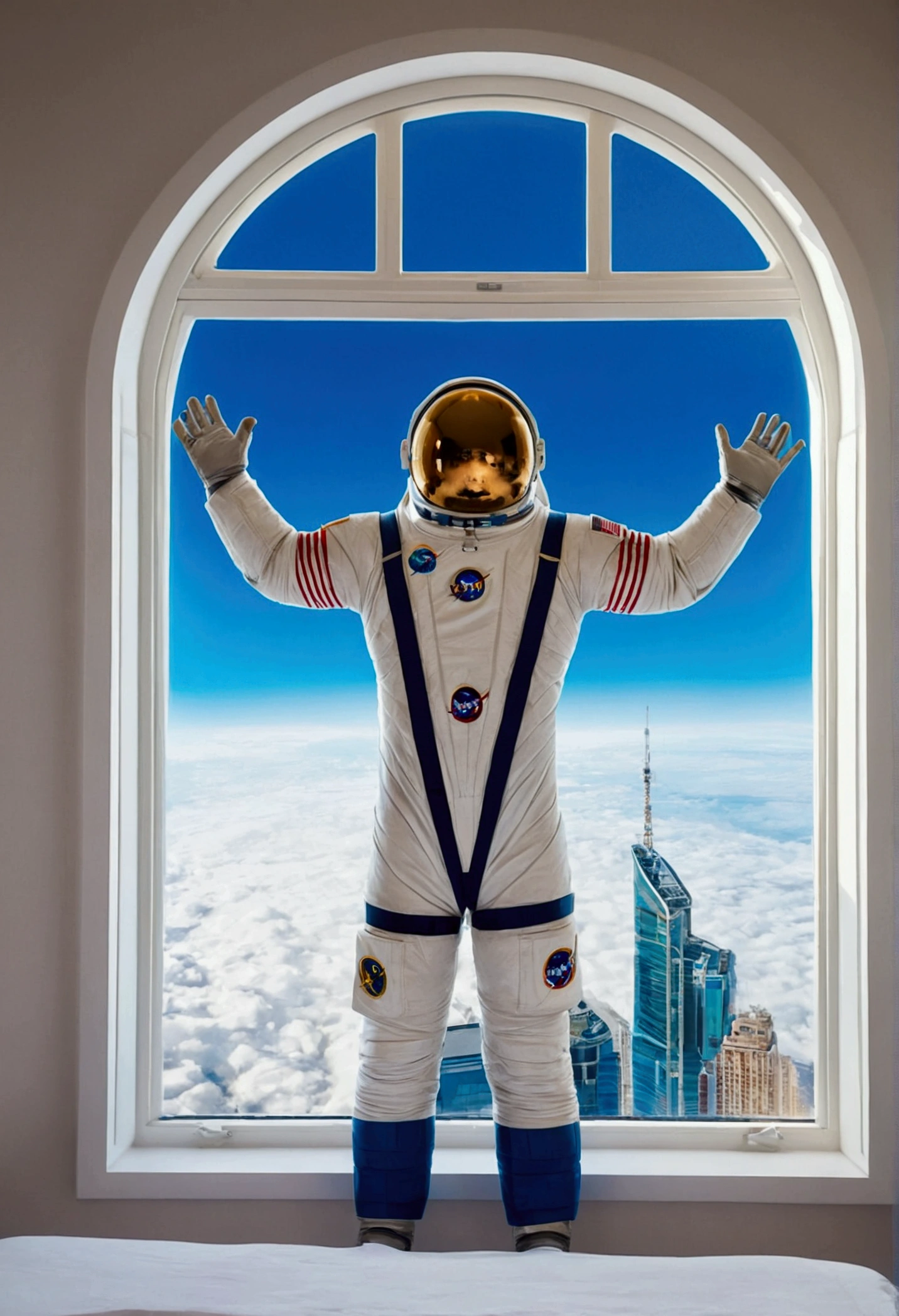 astronauta homen joven sentado em sua cama em seu grande quarto, Ele faz sua rotina matinal vestido com seu traje espacial, add a man body, realist man body, he puts his jet pack on his back looking up at the blue sky in front of Kjanela . description: Adda vista de um quarto gigante e mais detalhes no quarto, Mostramos os detalhes das pernas do homen astronauta, Arms, Hands and the whole body of the astronaut man, We show the astronaut's routine and preparation for the day, We show the giant room lit by a large, tall bedroom window on top of a skyscraper, Ao fundo, A metropolis is seen through the window.