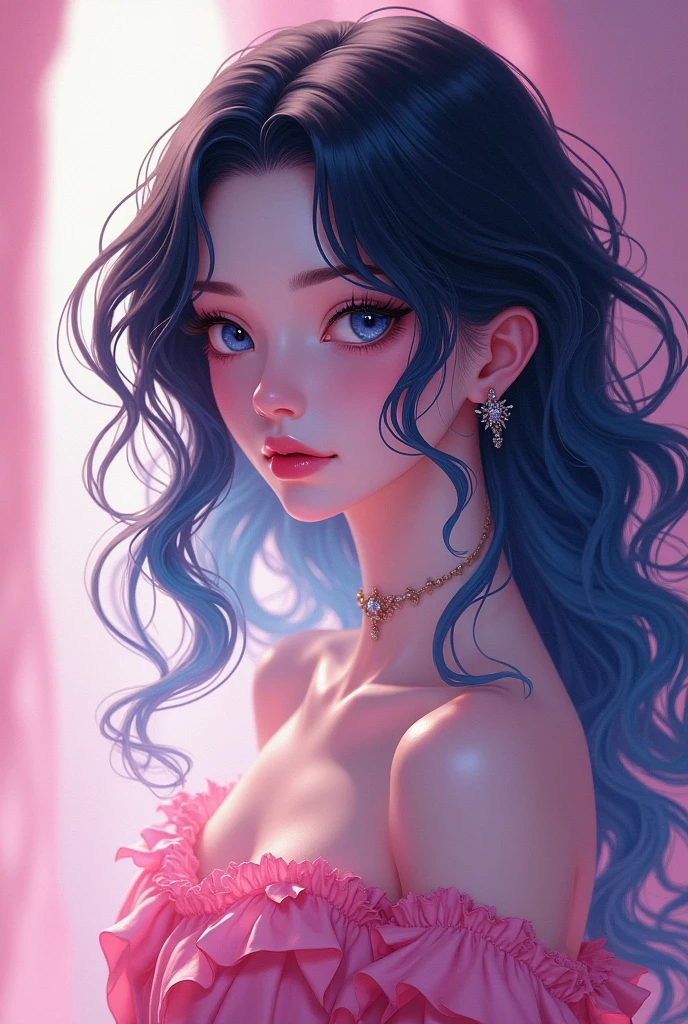 Very effeminate femboy boy Boy with feminine features 19 year old boy with white skin, blue to black hair Very beautiful eye makeup
Wearing ethyl pink clothes Anime style