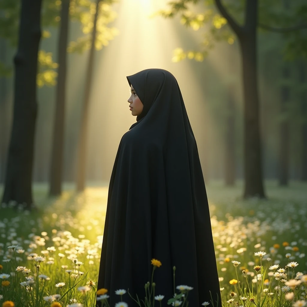 A beautiful young girl is wearing Black Borkkha and looking at the sun. Her face is not visible as the picture is taken from his back. She was in the middle of a beautiful forest where there were many beautiful trees and small white yellow flowers. Sun ray comes.