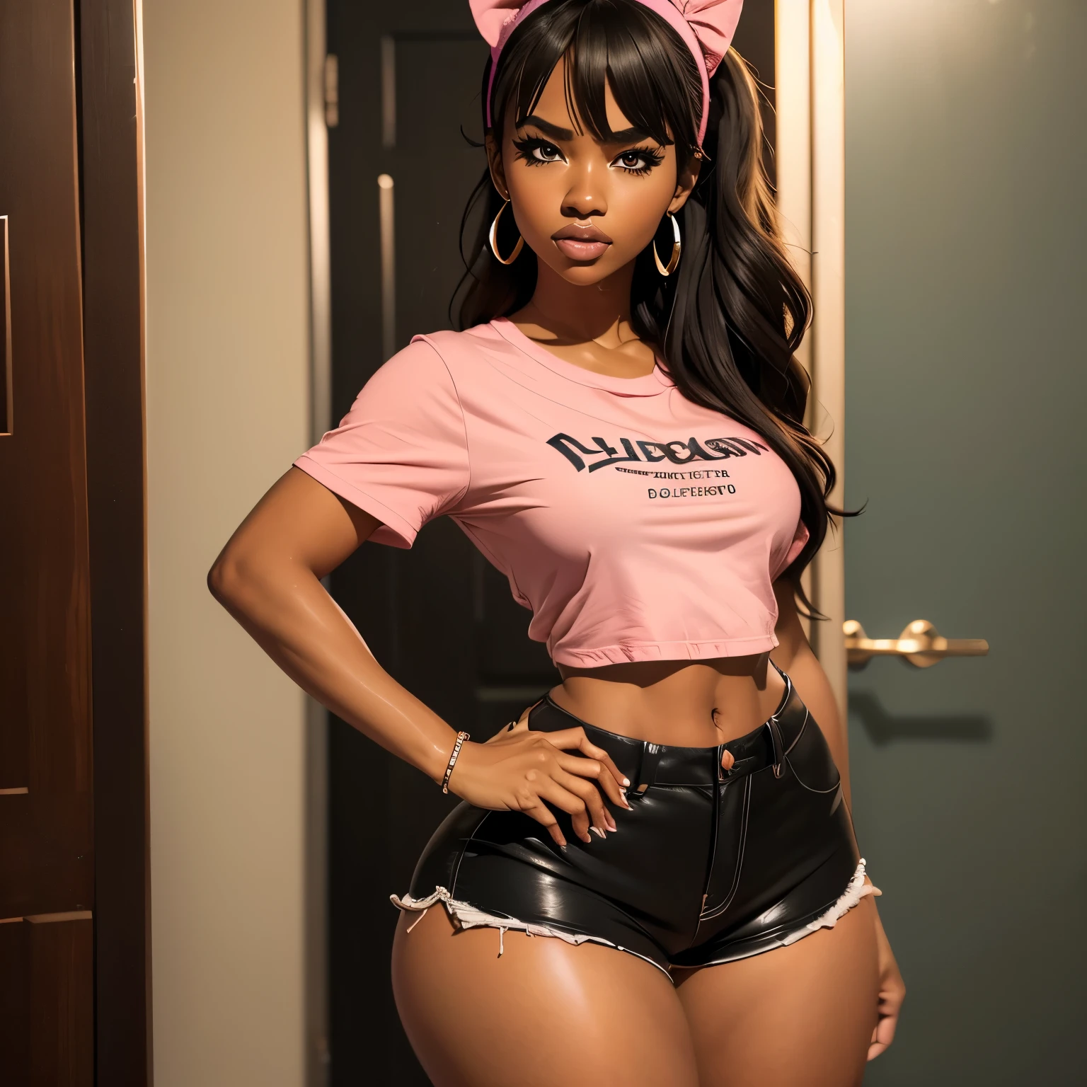 high quality, ebony girl, high resolution, volumetric lighting, underground dispersal, 8k, beautiful woman, (dark skin), Filipino, college student, 's uniform, (big-ass), breasts big, (pink tub top shirt), (cotton shorts:1.2), Wavy hair, pony tail, bangs, headband, hoop earnings, class room, pose sexy, seductively pose, 3/4 shot, cowboy shot, ((slim thick body:1.1)), thick thighs, round-butt, open mouth, big lips, screaming, orgasm, night time, eyes closed