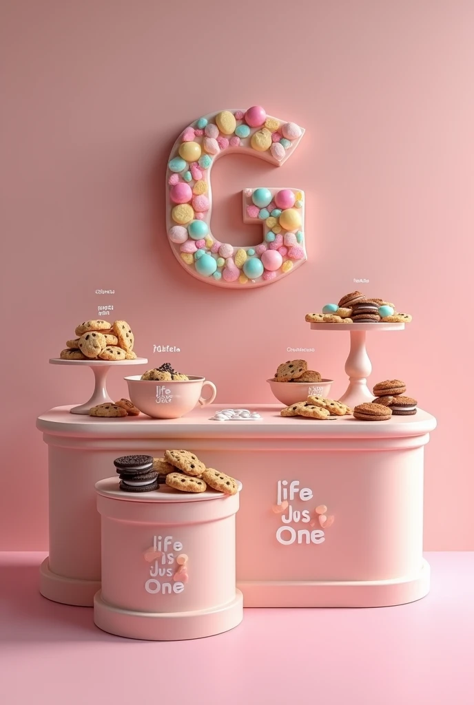 Create a realistic booth on just one rectangular cookie business fair table, Please use the cookie logo at the stand (the brand logo) Use pastel colors or cute colors to make this company eye-catching for both men and women. 
Please do not use too many trays or too many cookies, maximum 4 of each flavor, you will put 20 cookies in total, 5 cookies of each flavor you put, and you put a title in front that says each flavor, There are oreo, nutella, Nutella with mym and oreo with mym. The logo is a "g" and the phrase "life is just one" both in italics please.
The logo on the table please