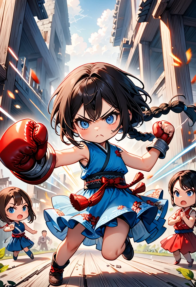 Highest quality、High resolution、Detailed Background、Beautiful face in every detail、Anatomically correct、Detailed facial expressions、fine grain、((whole body、from the front))、((One Girl)、(Chibi Girl))、 Black Hair、beautiful clear big blue eyes、Braided Bob、Sleeveless dress、Very angry look、Extend one arm horizontally、Punch the punch、(motion-blur:1.5), (Shaky hands:1.5), (speed-line:1.2) 、The background is ruins