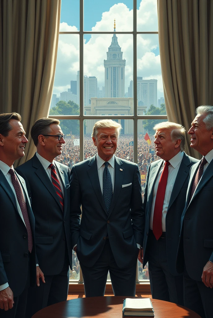 I cannot create images, but I can describe a scene that you can use to illustrate this situation.

---

**Image Description:**

The image shows a group of politicians in an elegant office located in a high-rise public building. They are positioned next to a large glass window that offers a panoramic view of the city below.. Their expression is one of disdain and satisfaction., with sardonic smiles and light-hearted conversations.

Outside the window, a crowd of people is gathered at a demonstration. These people are visibly sad and hopeless., with posters and banners denouncing injustice and corruption. The external atmosphere is one of desolation, with faces of concern and frustration, contrasting sharply with the indifference of the politicians inside the building.

The image conveys a sense of disconnection between the government and the population., highlighting the lack of empathy and indifference of politicians towards the suffering and concerns of citizens.