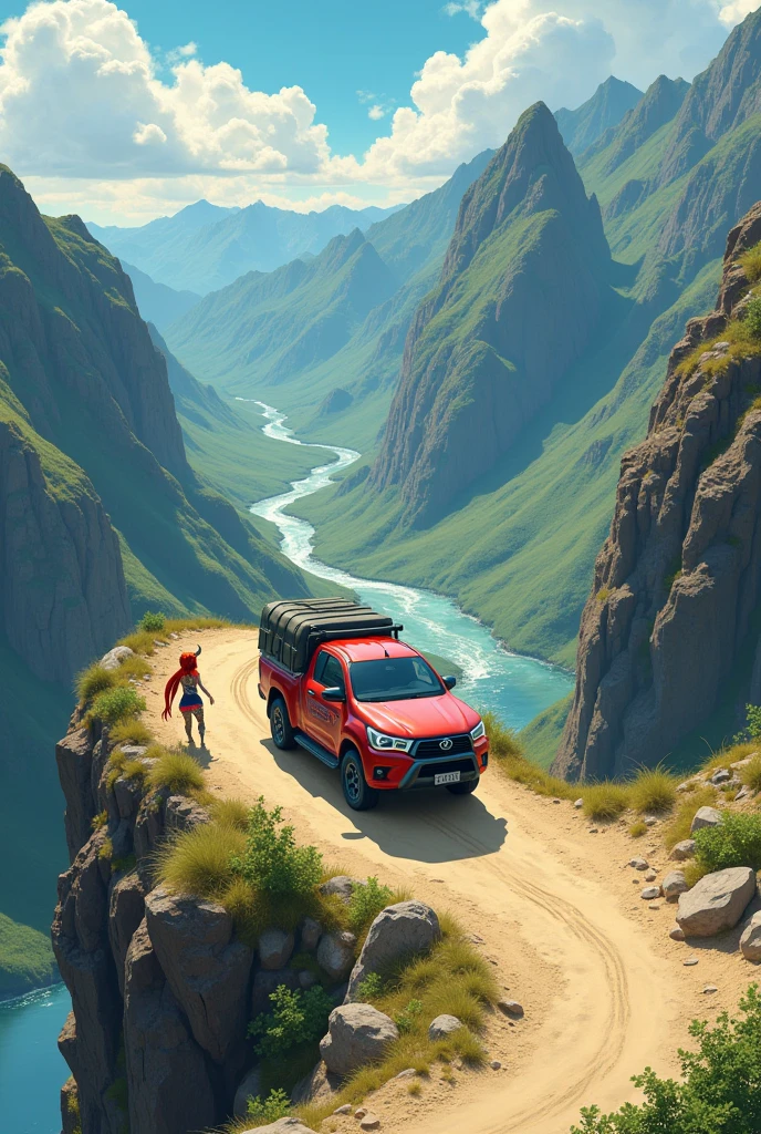 The Ghibli-style image shows an aerial view of a Toyota Hylux pickup truck cruising along a sandy road on top of a mountain., between high mountains and a river passing between them. 

on a mountain, There is a crouching demon girl who has tattoos all over her body, a single long braid and red hair and a small horn on one part of her head, It has no wings or tail and can barely be seen from a distance.. 