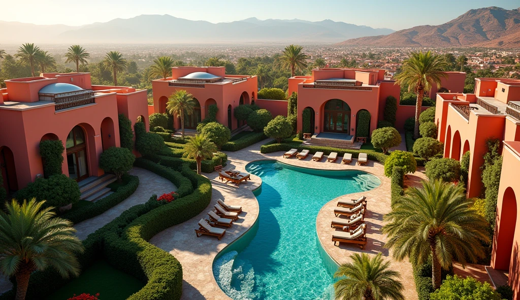 Generate a realistic photo representing the luxury villas in Marrakech using an aerial view. The photo should highlight the luxurious villas with their gardens and swimming pools, while showing the beauty of the city and its surroundings. The bright colours and exotic atmosphere must be highlighted in order to arouse the desire to discover the offers of these prestigious villas.."