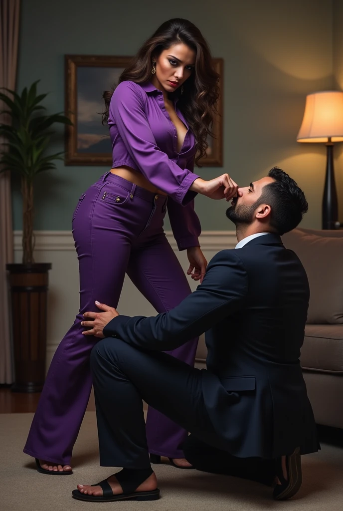 Beautiful Mistress, angry , wearing purple boot-cut pants, wearing purple blouse, wearing black home sandals, stomping, kicking face, mistress kicks man face, man is suited, man kneeling against mistress, shoe touching face, man's face kicking by mistress, femdom