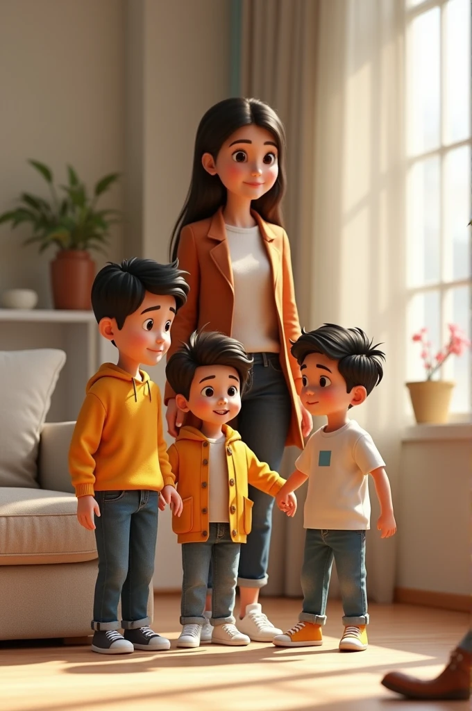 Please create an illustration of 3 brother age 12,11,6 and 1 sister age 20 in 3d animation style in modern decent style clothes