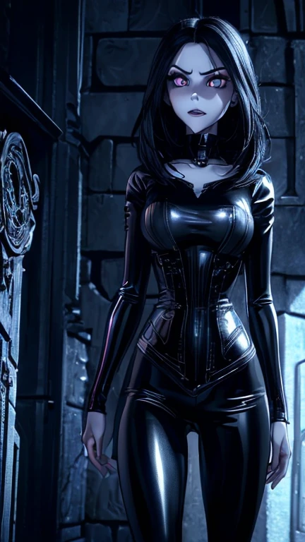 (1girl, selene), (extremely detailed CG unit 8k wallpaper),(master part), (best quality), (ultra detail), (best illustration),(TimBurton Animation), cowboy shot, (Sharp eyeliner, ombre, detail eyes), dark dungeon interiors background, ,break , (vamptech),  pale face，serious expression, vampire fang, black hair, black latex suit, full body