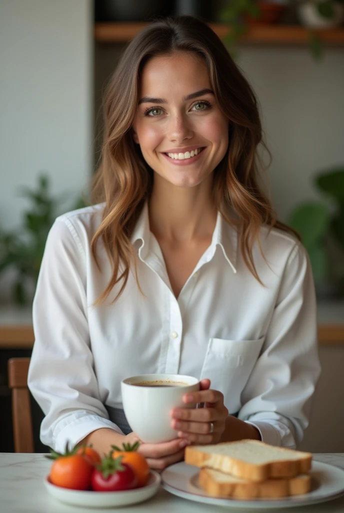 Lara Valentina, 22 years old, (piercing green eyes), is sitting at the kitchen table, enjoying a healthy breakfast. She wears an elegant formal outfit, consisting of a white button-down blouse, slightly fitted to the body, and a gray skirt, creating a professional and sophisticated look. Her light brown hair is loose, caindo suavemente sobre seus ombros. She holds a cup of coffee while smiling happily, while in front of you, on desk, there is a plate with toast and fresh fruit. The soft morning light illuminates the scene, creating a welcoming and productive environment, ready for the start of a new working day, detailed facial features, detailed human anatomy, high quality, photorealistic, 8k, hyper-detailed, perfect lighting, cinematic composition, elegant, beauty, graceful, seductive, attractive, captivating