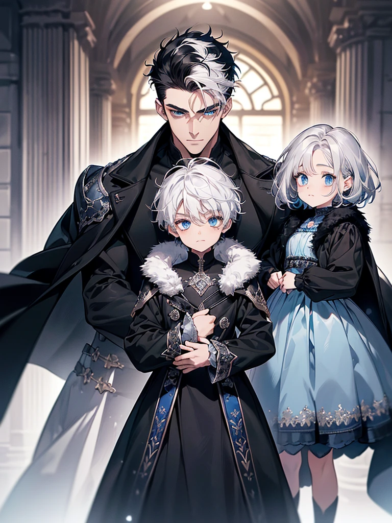 (work of art, high resolution, better quality, exquisite details,((Face details)),Family portrait ((There are four people.)), mother, father, twin sons , blue eyes, Front showing smiling face, long hair woman ((white hair)), manshort hair((manblack hair)), ,short hairสีดำ, ((blue eyes)),Quiff Hairstyles, ((short hairสีดำ)), [Thick eyebrows], ((black long coat)), ((all black)),Silver veil edge, (blue eyes) , handsome , muscle, Facial expressions, black knight armor , black fur shawl(Masterpiece,best quality,special, (Broad shoulders)) (muscle), A woman wearing a white dress,blue eyes, lover, Club party, Superb details, Two 2 year old children , First child, child((man))2 years old (short hair )((black hair)) blue eyes,Second child, child((man))2 years old (short hair) ((white hair)) blue eyes.Two children , Family of four