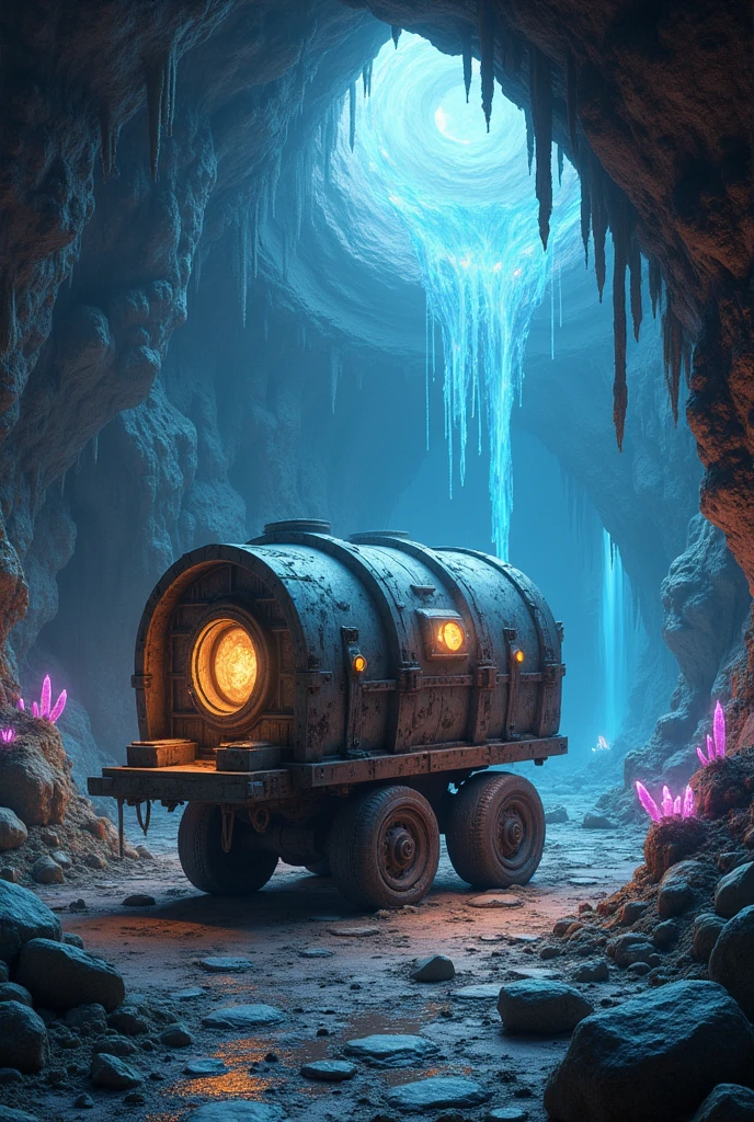 A magical cave made to represent the magical world we live in and a minecart inside of it made to represent its resources (make it look even better) make the minecart look rundown but keep everything else the same