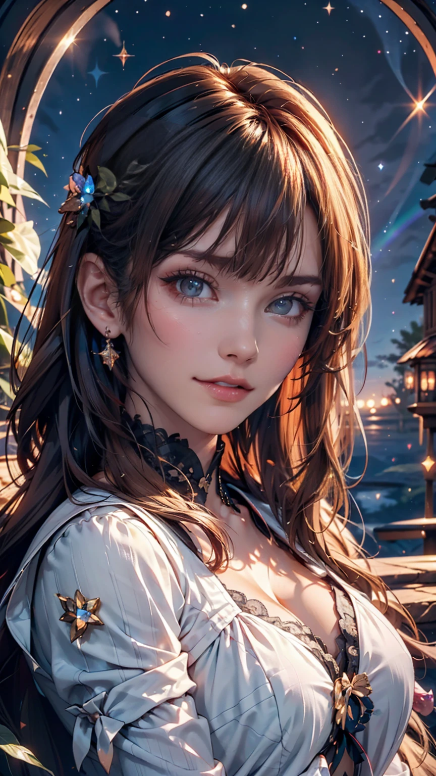 Masterpiece, Superb Girl, Cute Girl, Bust, High Detail Eyes, Perfect Eyes, Portrait, High Detail Face, Same Eyes, Glare, Rainbow Color, Global Illumination, Soft Light, Dream Light, Digital Painting, 8K Close-up, Fantasy, Night Sky, Stars, Nebula, White Crystal, Moonlight, Serenity, Summer, (8K:1.1)