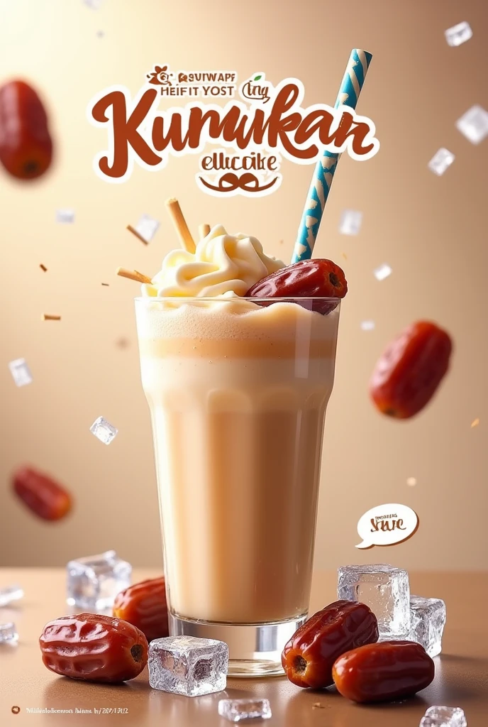 A poster with dates falling in a glass of date milkshake blended in ice
- displaying the name "Kurma Shake"
-dispalying health bemefits in bahasa as below:
- Tanpa Flavor
- Bebas Gula
- Susu Segar
- Lebih gizi
- Lebih sehat
- Lebih Fiber
- Asli 100%
