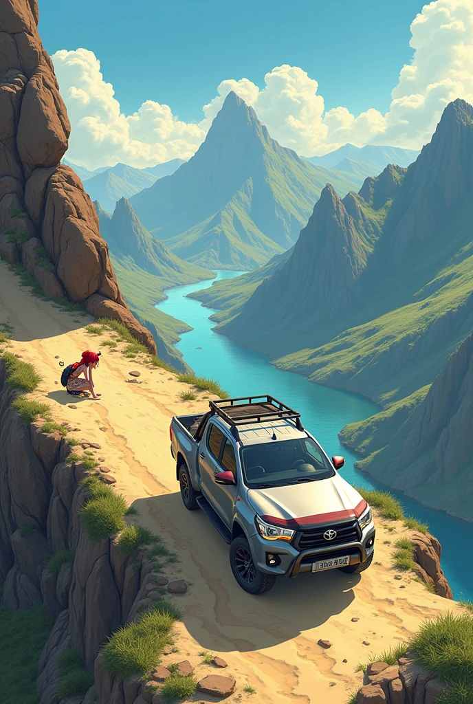 The Ghibli-style image shows an aerial view of a Toyota Hylux pickup truck cruising along a sandy road on top of a mountain., between high mountains and a river passing between them. 

on a mountain, There is a crouching demon girl who has tattoos all over her body, a single long braid and red hair and a small horn on one part of her head, It has no wings or tail and can barely be seen from a distance.. 