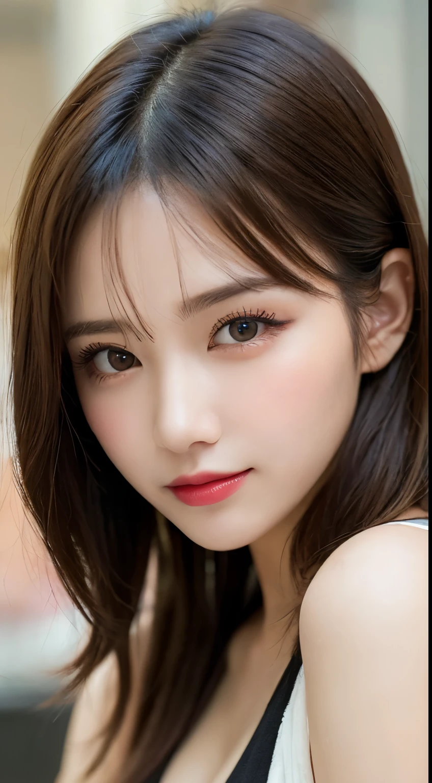 Tabletop, Highest quality, shape, Very detailed, finely, High resolution, 8k wallpaper, 完璧なダイナミックな構shape, Beautiful and detailed, Small breasts,Natural color lip, Bold sexy pose,smile、20-year-old girl、cute、sexy shot looking at camera,Always blur the background,Perfect and beautiful face,Photograph only the face,Beautiful and elaborate face、Slim face and figure,Big eyes、Putting on gal makeup,Actual Photos、Gal Fashion
