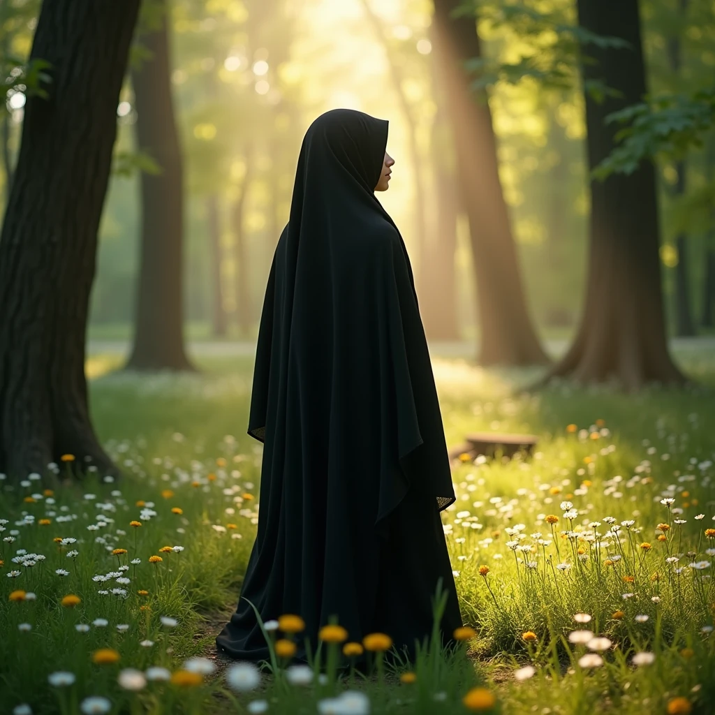 A beautiful young girl is wearing Black Borkkha and looking at the sun. Her face is not visible as the picture is taken from his back. She was in the middle of a beautiful forest where there were many beautiful trees and small white yellow flowers. Sun ray comes.