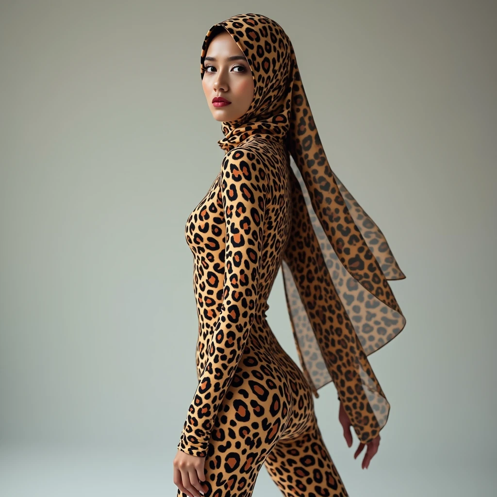 A beautiful,thin and nice asian muslimah woman wears leopard print lycra turtleneck unitard catsuit covered with many spots and leopard print lycra dancewear hood-like hijab covered with spots.