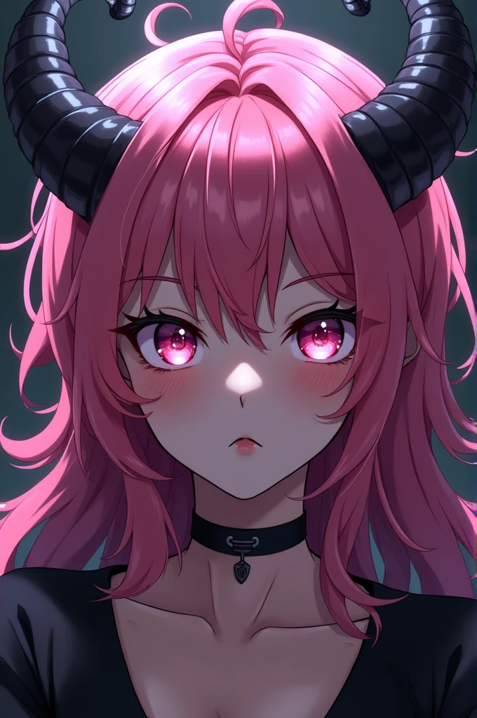Draw a succubus boy with pink hair and black horns anime style