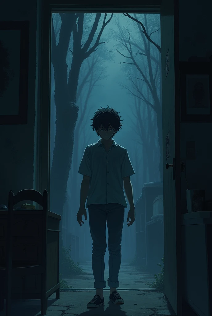 horor, Anime Style, dark atmosphere, Intricate details, Structure of the film, Dramatic Shadows, Mysterious, Creepy, Otherworldly, A calming color palette, chiaroscuro lighting, Ultra-detailed, masterpiece, highest quality, 8k, Realistic, Late at night, in a dimly lit room, in a young man's room,