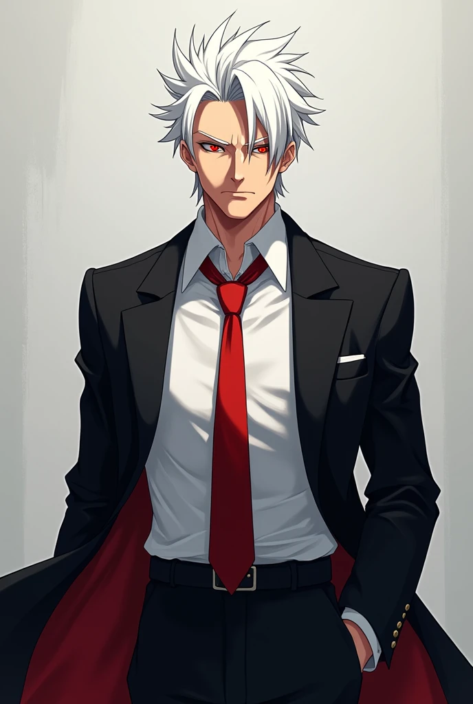 Generate an image of a man with white hair wearing a black jacket and a white shirt, Red tie, and white eyes. anime style ,whole body