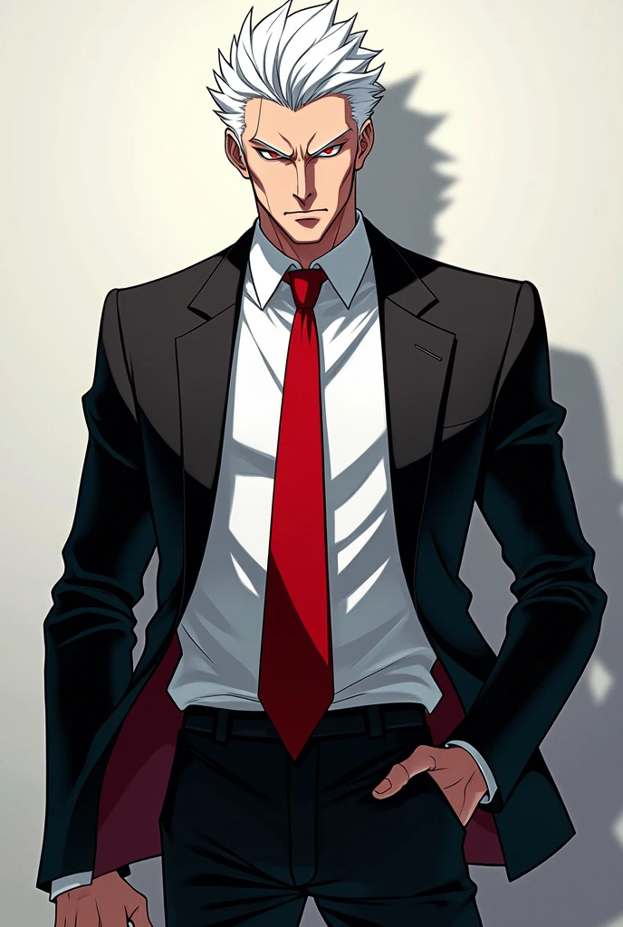 Generate an image of a man with white hair wearing a black jacket and a white shirt, Red tie, and white eyes. anime style ,whole body