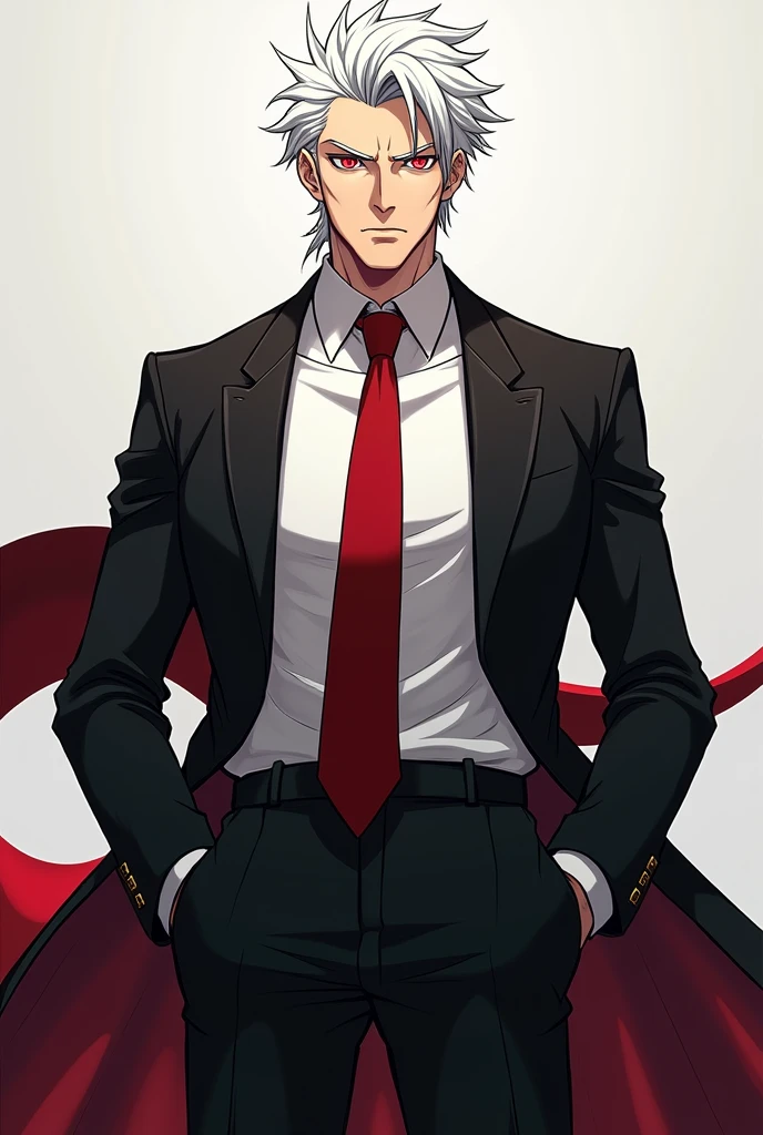 Generate an image of a man with white hair wearing a black jacket and a white shirt, Red tie, and white eyes. anime style ,whole body