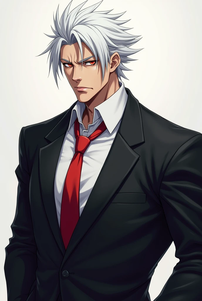 Generate an image of a man with white hair wearing a black jacket and a white shirt, Red tie, and white eyes. anime style ,whole body