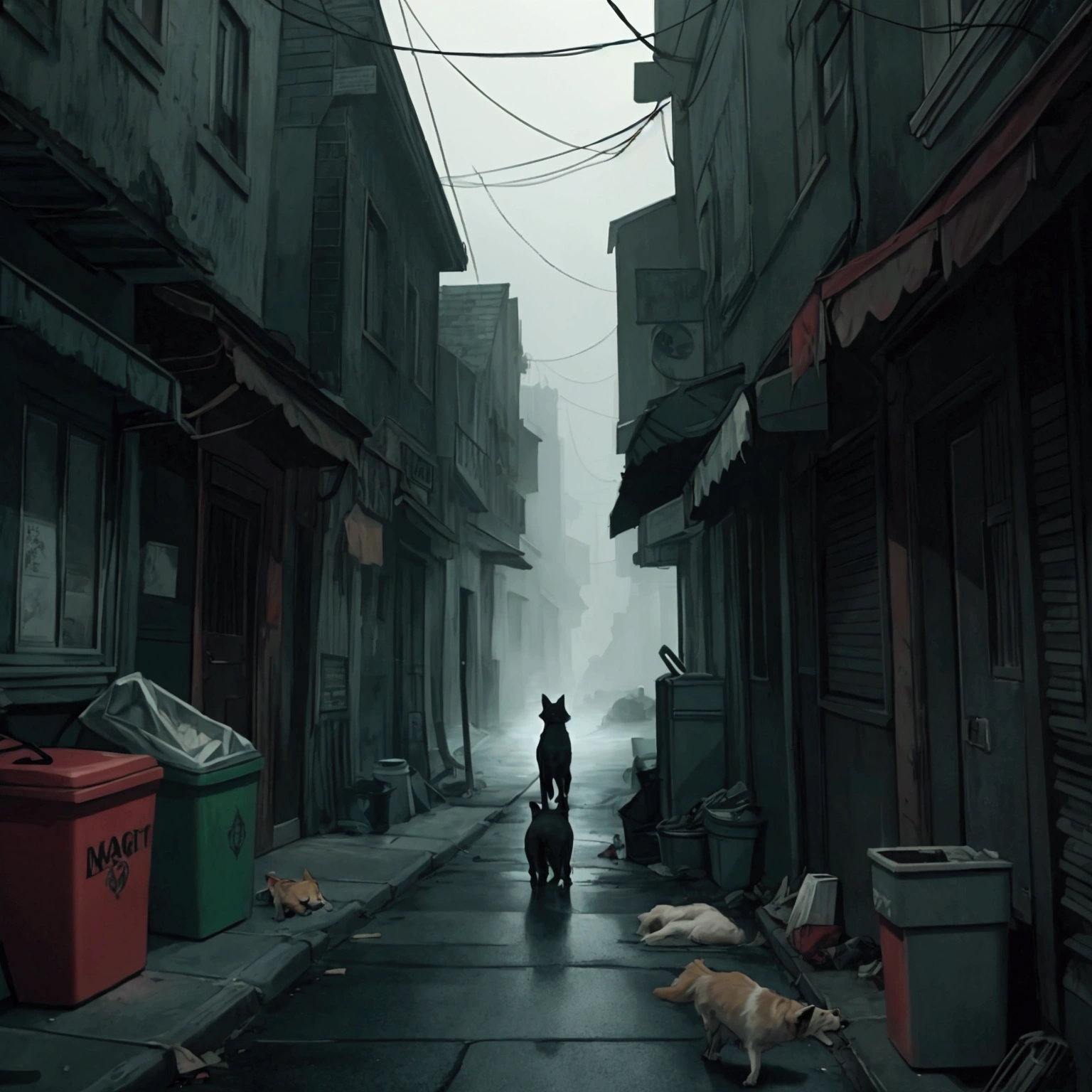 Horror, Dark, Atmospheric, a small street in a dark city, a dog, turns over trash cans, rummaging through the trash, very foggy, 