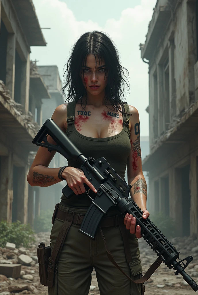 A wounded bloody girl standing between two broken buildings holding m416 who have toxic tattoo on his chest and 00 tatoo on his shoulder .