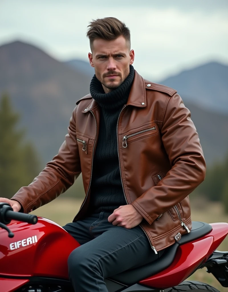 brutal ,handsome guy crew cut hair in a brown leather jacket, sitting on a red luxury motorcycle, red mountains on the background