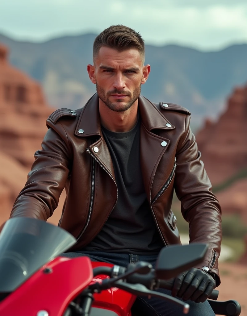 brutal ,handsome guy crew cut hair in a brown leather jacket, sitting on a red luxury motorcycle, red mountains on the background
