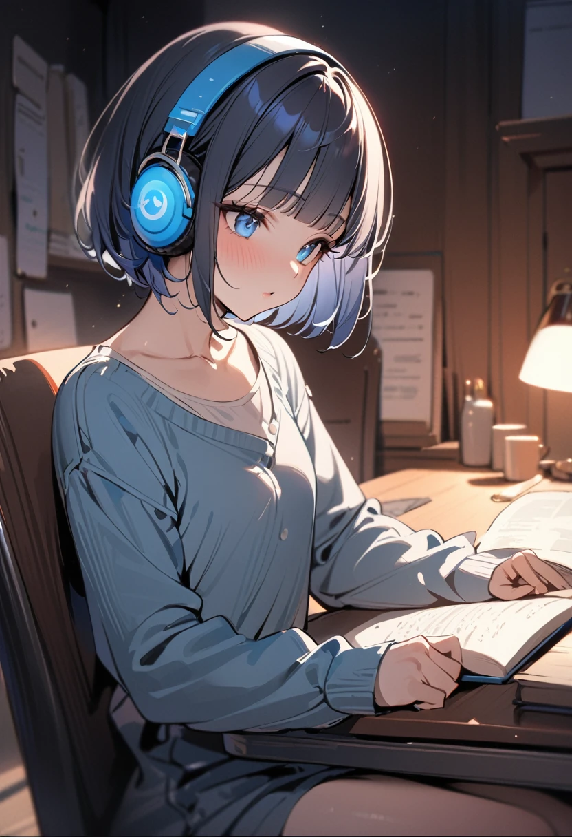 (masterpiece, best quality:1.5), (high resolution 8K), detailed eyes and face, detailed body,
BREAK (extra short hair:2.0), (blunt bangs:1.5), black hair, (inner blue color hair:1.2), blue eyes, , flat chest,
BREAK A girl sitting at a desk, reading a book and studying, while wearing headphones. Her gaze is focused on the book, not looking at the camera, showing concentration. The background is a calm study or a cozy corner of a room, with soft, gentle lighting that creates a peaceful atmosphere
