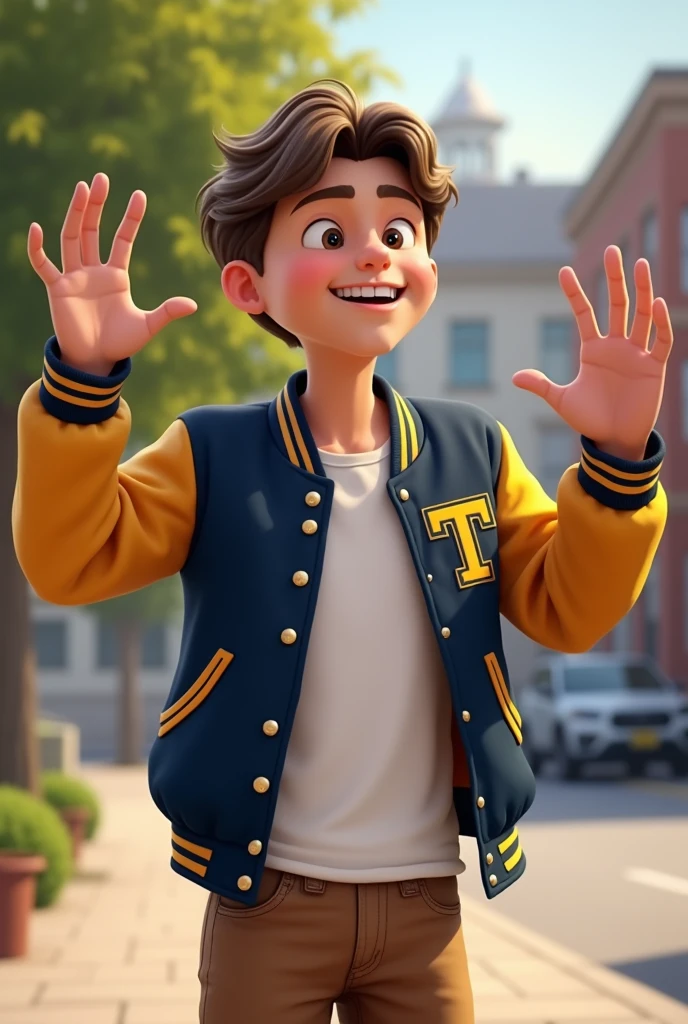 A 15 year old boy wears a white t-shirt and jas almamater and brown trousers Is waving