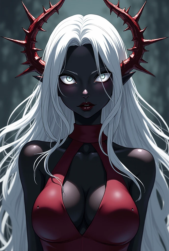 a demon with horns and white hair is posing for a picture, succubus, red demonic skin, Nectrotic skin, Red skin, female demon, hyperdetailed fantasy character, dark demon succubus, portrait of an demon queen, demon princess, of an elden ring demon, demon character with smirk, demon, demon queen, complex fantasy character, portrait of demon royalty