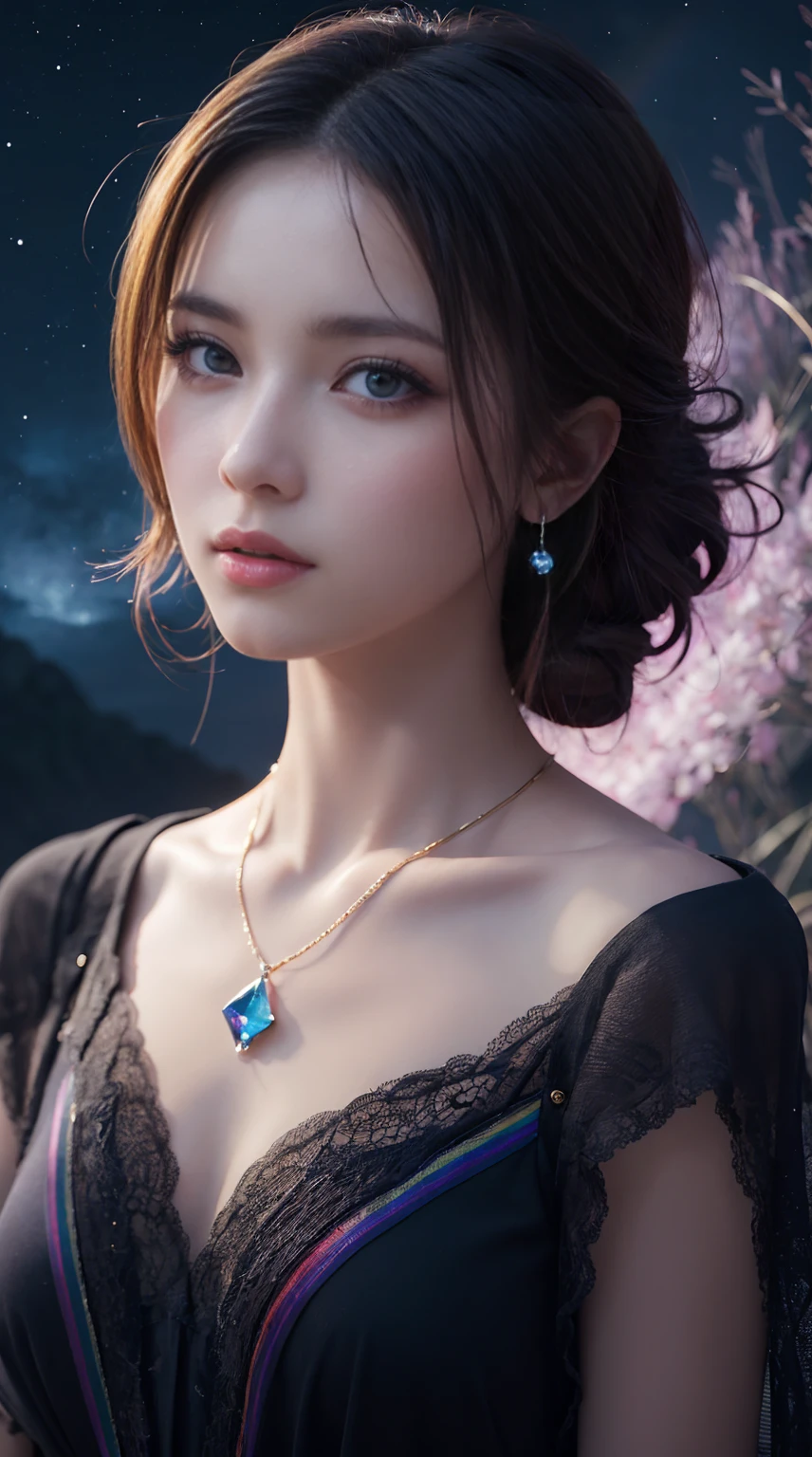 Masterpiece, Superb Girl, Cute Girl, Bust, High Detail Eyes, Perfect Eyes, Portrait, High Detail Face, Same Eyes, Glare, Rainbow Color, Global Illumination, Soft Light, Dream Light, Digital Painting, 8K Close-up, Fantasy, Night Sky, Stars, Nebula, White Crystal, Moonlight, Serenity, Summer, (8K:1.1)