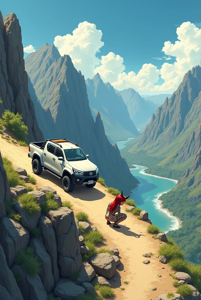 The Ghibli-style image shows an aerial view of a Toyota Hylux pickup truck cruising along a sandy road on top of a mountain., between high mountains and a river passing between them.
on a mountain, There is a crouching demon girl who has tattoos all over her body, a single long braid and red hair and a small horn on one part of her head, It has no wings or tail and can barely be seen from a distance..