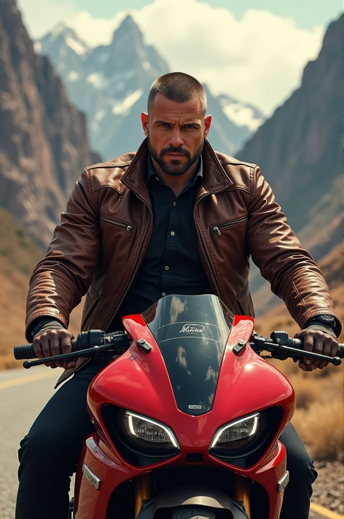 brutal ,handsome guy crew cut hair in a brown leather jacket, sitting on a red luxury motorcycle, red mountains on the background 