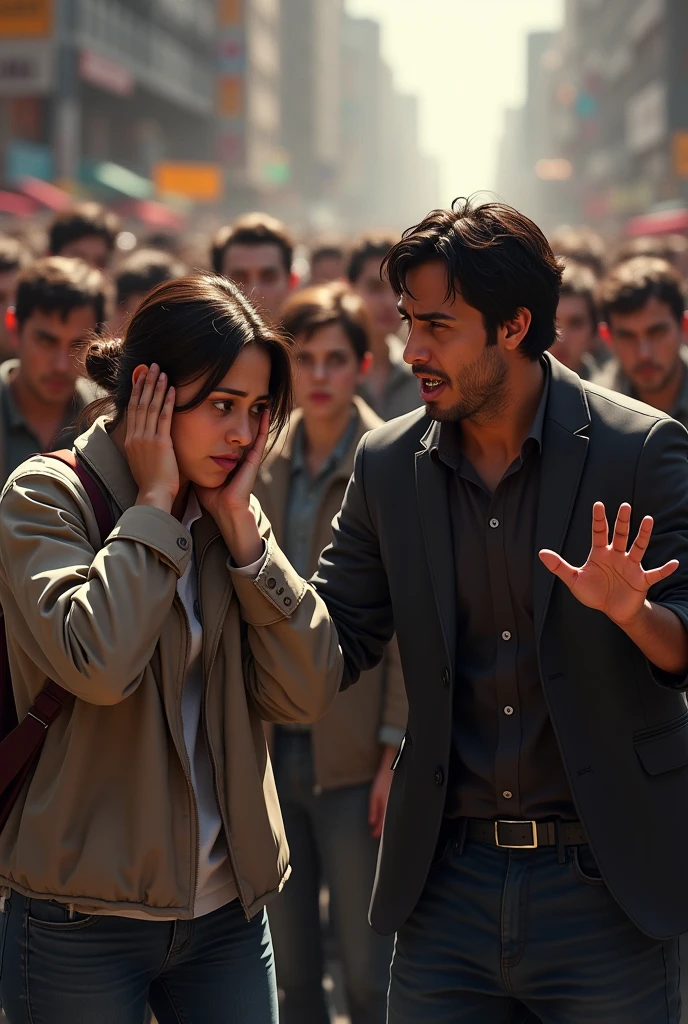 A person covering her ear and another speaking, warning her and a large crowd behind her