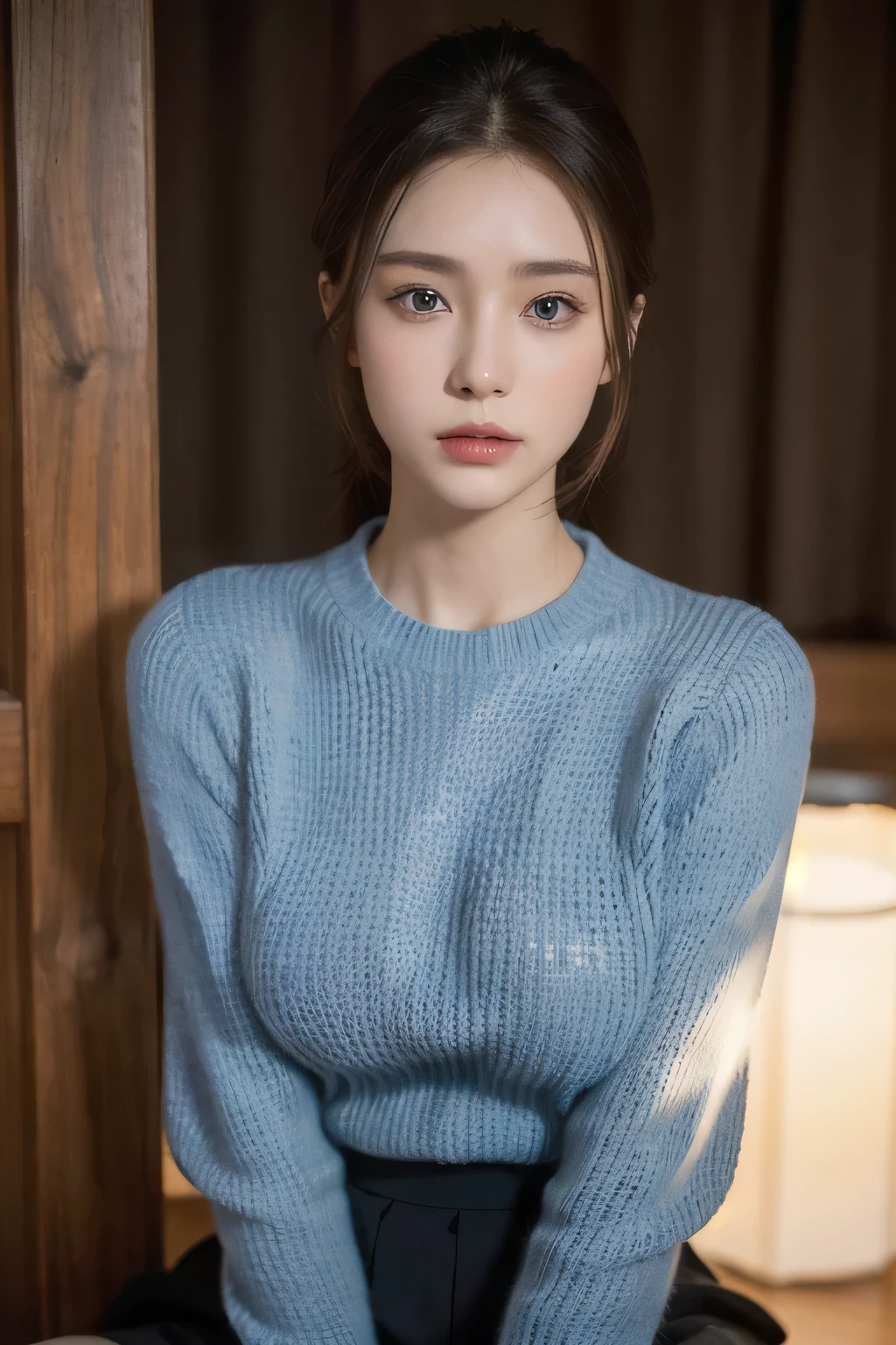 One person, Slim face, Piercing blue eyes, Brunette, Tie your hair up, thin:1.3, body, Wearing a thin knit sweater, Dark colored high-length short skirt, Put your hands on your knees, View your viewers, (Eye-level shot, Cowboy Shot),
break
(Highest quality:1.3, masterpiece:1.3), (Realistic, photo Realistic:1.2), High resolution, 超High resolution, 8k, (Realistic skin, Smooth, lustrous skin), (Normal expression, Perfect Anatomy),Large Breasts:1.5,