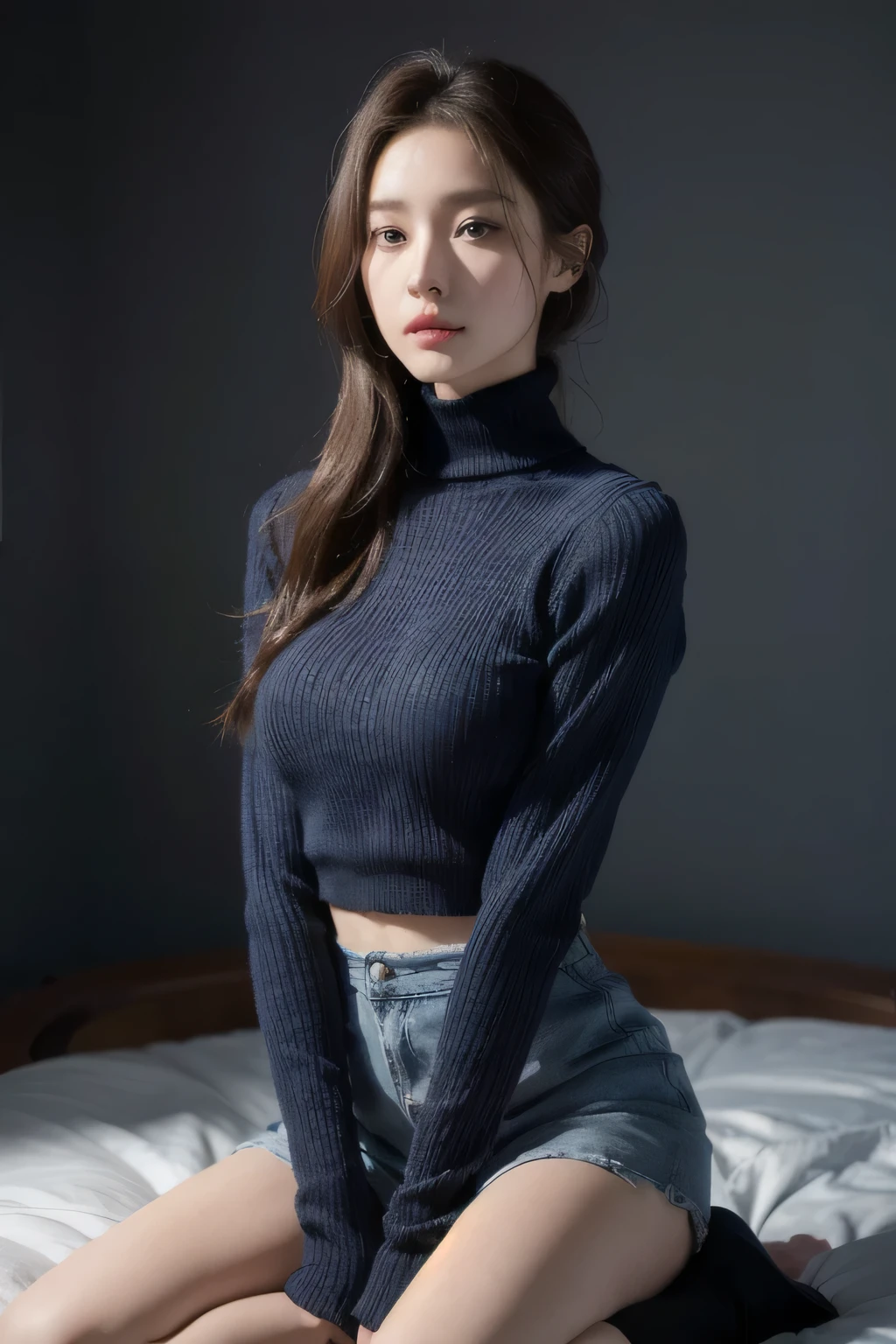 One person, Slim face, Piercing blue eyes, Brunette, Tie your hair up, thin:1.3, body, Wearing a thin knit sweater, Dark colored high-length short skirt, Put your hands on your knees, View your viewers, (Eye-level shot, Cowboy Shot),
break
(Highest quality:1.3, masterpiece:1.3), (Realistic, photo Realistic:1.2), High resolution, 超High resolution, 8k, (Realistic skin, Smooth, lustrous skin), (Normal expression, Perfect Anatomy),Large Breasts:1.5,