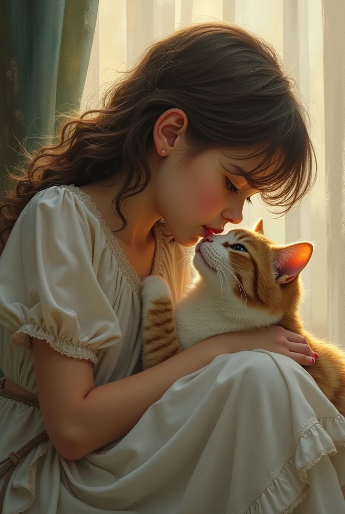 Girl with cat, By Dorina Costella, best quality, masterpiece, very aesthetic, Perfect composition, Intricate details, Extremely detailed