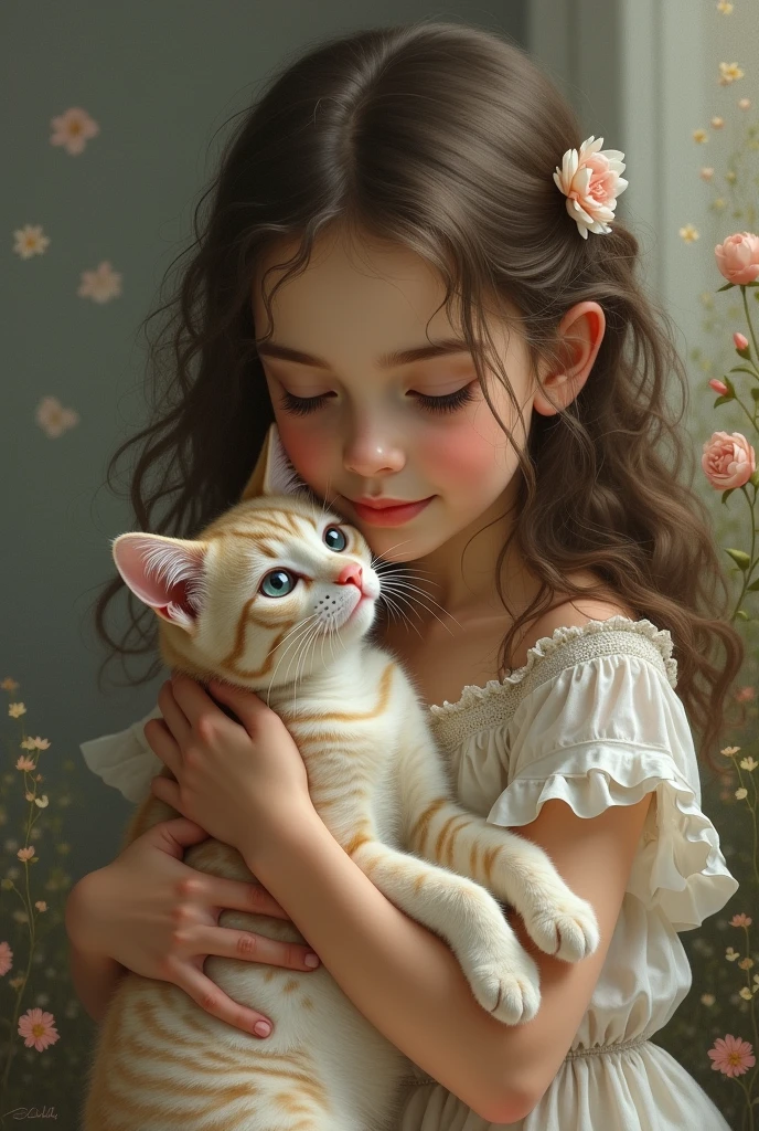 Girl with cat, By Dorina Costella, best quality, masterpiece, very aesthetic, Perfect composition, Intricate details, Extremely detailed